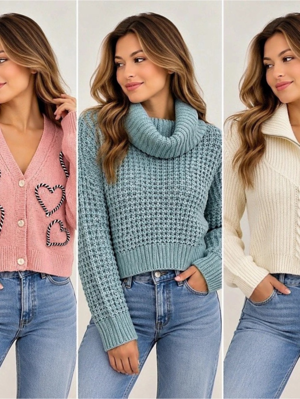 Bundle of 3 sweaters: Pink, Blue-Green, Cream